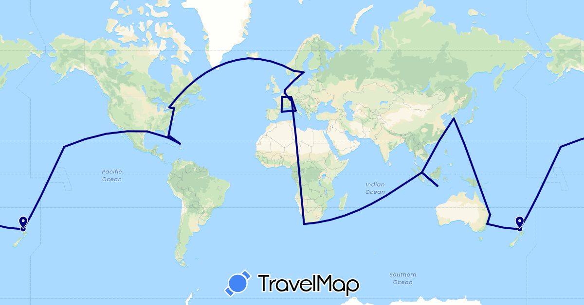 TravelMap itinerary: driving in Australia, Belgium, Bahamas, Canada, Switzerland, Germany, Spain, France, Indonesia, Iceland, South Korea, Netherlands, Norway, New Zealand, Sweden, Singapore, United States, Vatican City, South Africa (Africa, Asia, Europe, North America, Oceania)